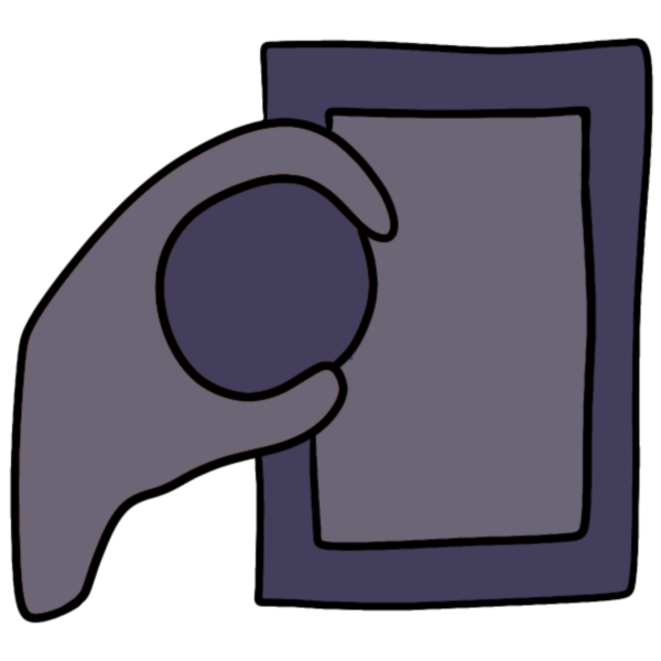 a light purple hand holding a blob hovers above the edge of a purple rectangle with light purple interior.